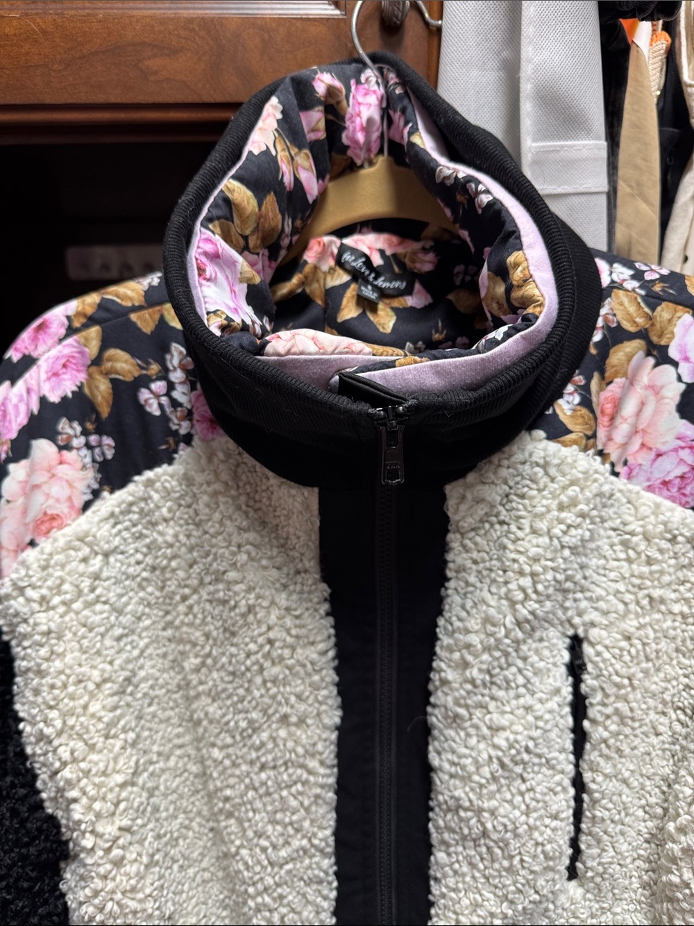 For Love & Lemons Black Floral Sherpa Jacket with Cream and Pink Accents - Picture 6 of 7